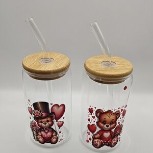 Cute Teddy Heart Glass Drink Bottles with Bamboo Lids - Clear & Brown